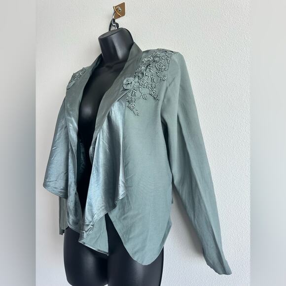Vintage 80s Sage Green Waterfall Jacket Lace Applique Cut Out Back Size M - Picture 3 of 7